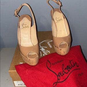 Christian Louboutin Tan Peep-Toe Wedges